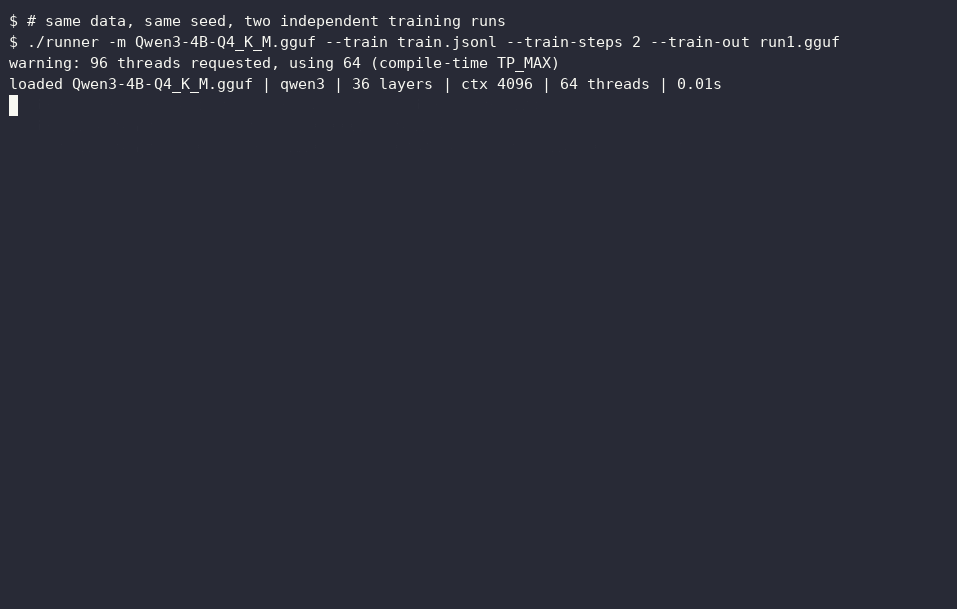Terminal recording: two independent training runs print the same adapter sha256