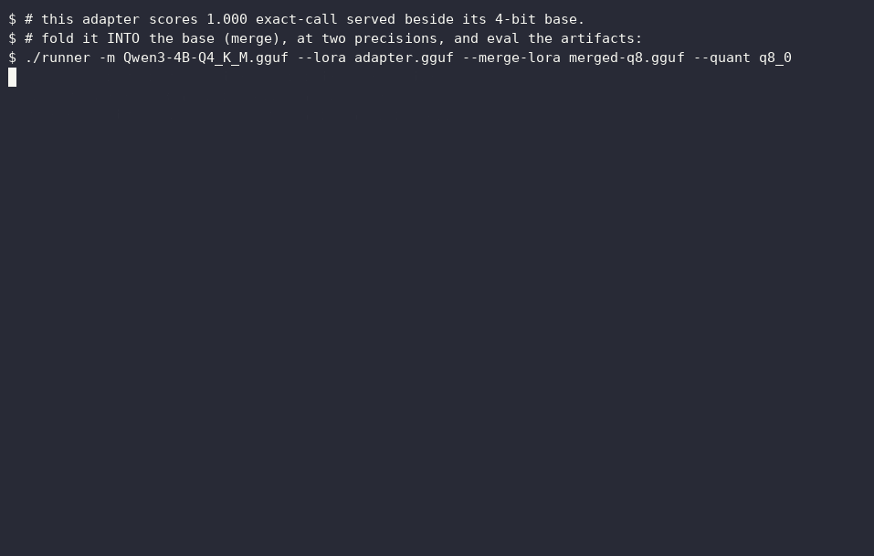 Terminal recording: merging the adapter into the 4-bit base returns the base score; the 8-bit merge keeps it